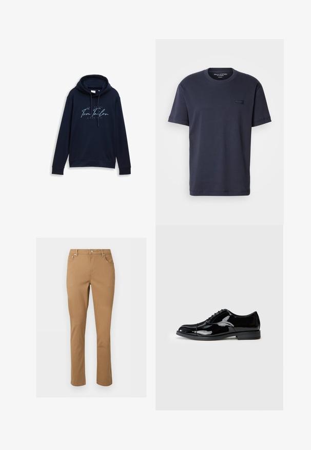 Mørkeblå hættetrøje med snoretræk, der har en markant hvid og lyseblå logotekst "Tom Tailor" med årstallet 1962. Blød tekstur.; Marineblå bomulds t-shirt med rund halsudskæring, korte ærmer og et rektangulært mærke med brandnavnet på forsiden.; Brune bukser med lige ben, forlommer, bæltestropper, lynlås og knaplukning mod en ensartet lys baggrund.; Sorte patenterede lædersko med rund tå, subtile brogue-detaljer og en glat overflade. Har en lavprofil gummisål og snøresystem.