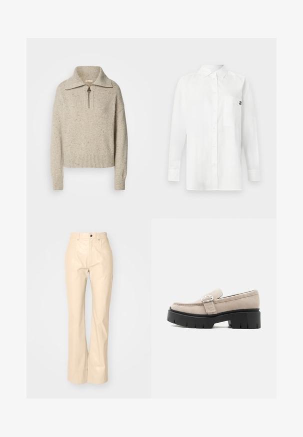 Beige gebreide trui met een hoge kraag, ritsluiting en geribde manchetten en zoom. De textuur bevat spikkels van donkere vezels door het geheel.; Witte langemouwenshirt gemaakt van een katoenmix, met een button-down kraag, een borstzak en een klein zwart logo op de borst.; Beige faux leren flarebroeken met een soepele textuur, voorzien van voorzakken, een knoopsluiting en een subtiele glansafwerking.; Beige suède loafer met zilveren gesp en dikke zwarte chunkysouw, zijaanzicht op witte achtergrond.