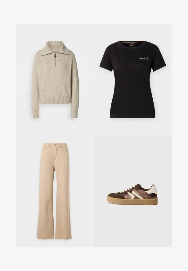 Beige gestrickter Pullover mit hohem Kragen, Reißverschluss und gerippten Bündchen und Saum. Die Textur weist Stellen dunklerer Fasern auf.; Schwarzes eng anliegendes T-Shirt mit kurzen Ärmeln, rundem Halsausschnitt und kleinem weißen, kursiven Text auf der linken oberen Brust.; Beige Hose mit hohem Bund und weitem Bein, vorne mit Knopfverschluss sowie mit Taschen vorne und hinten, vor weißem Hintergrund dargestellt.; Braune und cremefarbene Sneakers aus einer Kombination von Wildleder und Satin, mit drei diagonalen Streifen und einer strukturierten Gummisohle.