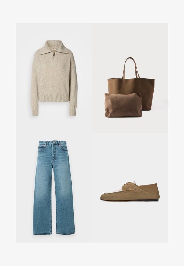 Beige kudum jersey kõrge krae, tõmbluku sulgemisega ja soonikkoes mansettide ning äärtega. Tekstuur sisaldab tumedamate kiudude täppe.; Kõrge vöökohaga, helesinised teksapüksid, millel on lai sääreosa, ees nööpidega kinnis ja traditsiooniline viiepunktiline taskukujundus, ühtlasel taustal.; Helepruunide ja beežide seemisnahast mokkasaapad, paelte detail ja must tasane tald, küljelt vaadatuna, valgel tühjal taustal.; Pruun nahast kandekott kahe sangaga ja sobiva pruuni lukuga kotike ees valgel taustal.