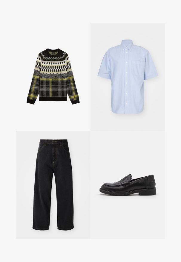 Pull en maille présentant un motif géométrique en noir, gris et jaune, avec un col rond et un tissu texturé. Dessins distinctifs en damier et en zigzag.; Chemise à manches courtes bleu clair en tissu coton. Dotée d'un col et d'une poche avant. Design simple et uni.; Jeans en denim noirs à coupe large avec taille haute, bouton avant, fermeture éclair et surpiqûres jaunes sur les poches et les coutures.; Mocassins en cuir noir avec un bout arrondi, des coutures ton sur ton et un détail de sangle à l'avant. Semelle en caoutchouc avec un petit talon.