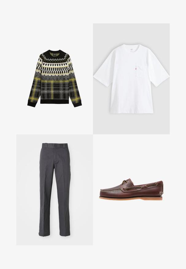 Pull en maille présentant un motif géométrique en noir, gris et jaune, avec un col rond et un tissu texturé. Dessins distinctifs en damier et en zigzag.; T-shirt en coton blanc à manches courtes, col rond et poche poitrine gauche. Comprend une petite étiquette logo rouge sur la poche.; Pantalons gris foncé en mélange de coton, présentant un design à jambes droites, des poches avant et une fermeture à bouton à la taille.; Chaussure bateau en cuir marron avec coutures blanches, détails de lacets et semelle en caoutchouc beige, vue de côté sur fond blanc.