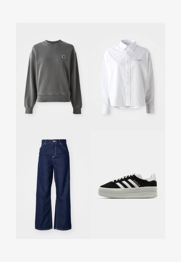 Grå pullover sweatshirt lavet af glat bomuldsblanding, med rund hals, ribbede manchetter og et lille logopatch på venstre bryst.; Hvid skjorte med lyseblå lodrette striber, en spids krave og et lille blåt logo på venstre bryst. Forarbejdet i bomuldsstof, afslappet pasform.; Bredde ben jeans i mørkeblå denim, med høj talje, kontrasterende hvid syning og traditionelt fem-lomme design.; Sort ruskind sneaker med hvide læderdetaljer, tre hvide striber, flade snørebånd og en tyk grå platformsål. Guldfarvet "Gazelle" branding.