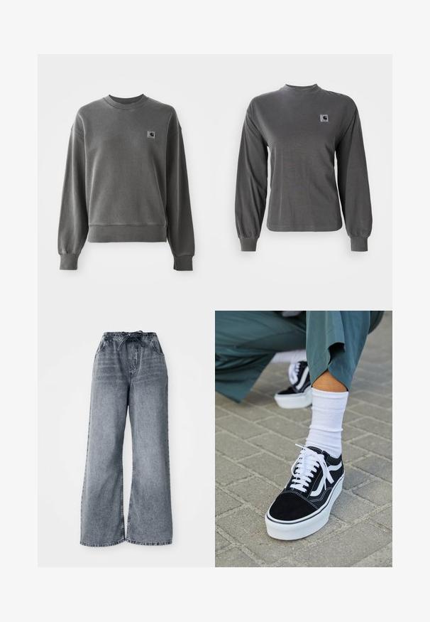 Grijze pullover sweatshirt van een gladde katoenmix, met een ronde hals, geribbelde manchetten en een klein logopatch op de linkerkant van de borst.; Grijs T-shirt met lange mouwen van katoen, met een ronde hals en elastische manchetten, voorzien van een klein vierkant logo op de borst.; Grijze wijde denim broek met een elastische tailleband, trekkoordsluiting en zijzakken. Vervaagde textuur over de stof.; Zwarte suède sneaker met witte accenten en veters, uitgerust met een dikke witte zool en contrasterende stiksels, gecombineerd met een witte sok.