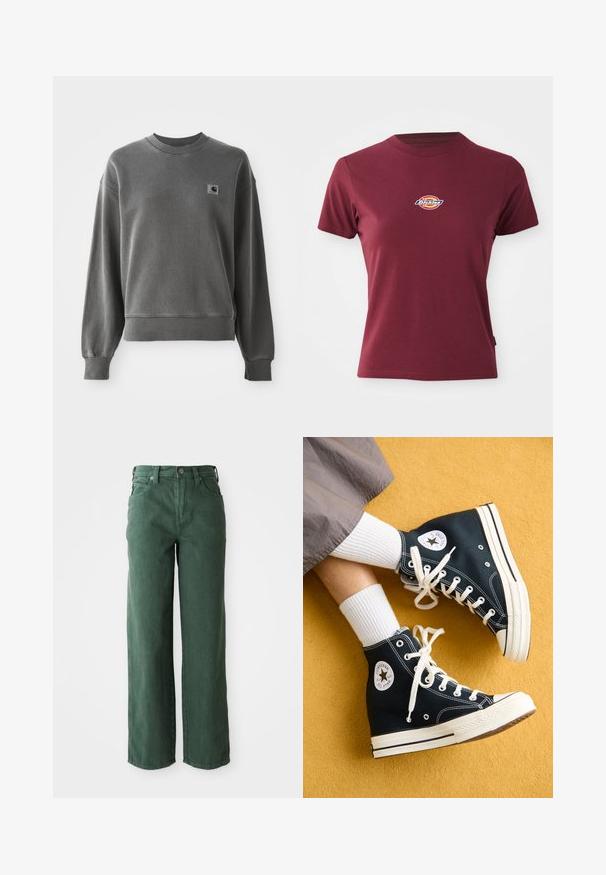 Grau pullover Sweatshirt aus glattem Baumwollmix, mit rundem Halsausschnitt, gerippten Bündchen und einem kleinen Logopatch auf der linken Brust.; Bordeauxrotes T-Shirt mit kurzen Ärmeln aus Baumwolle, mit Rundhalsausschnitt und kleinem, mehrfarbigen "Dickies"-Logo auf der Brust.; Grüne weit geschnittene Jeans aus Denim. Sie verfügen über eine hohe Taille, gerade Beine, Fronttaschen und einen Metallknopfverschluss.; Schwarze High-Top-Canvas-Sneaker mit weißen Schnürsenkeln und Gummisohlen, mit einem runden Converse All Star-Logo auf der Außenseite.