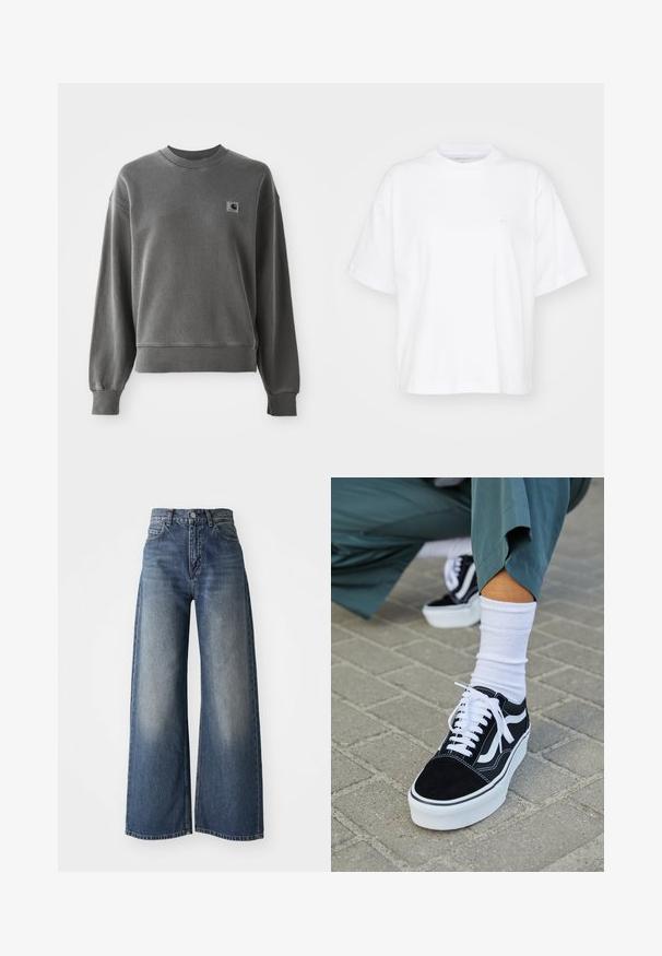 Grijze pullover sweatshirt van een gladde katoenmix, met een ronde hals, geribbelde manchetten en een klein logopatch op de linkerkant van de borst.; Witte katoenen t-shirt met een ronde hals, korte mouwen en een ontspannen pasvorm. Heeft een subtiel logo op het linkerborstgedeelte. Zachte textuur.; Blauwe high-waisted wide-leg jeans met een sluiting aan de voorkant en zakken, vervaagde textuur op de bovenbenen en een rechte zoom.; Zwarte suède sneaker met witte accenten en veters, uitgerust met een dikke witte zool en contrasterende stiksels, gecombineerd met een witte sok.