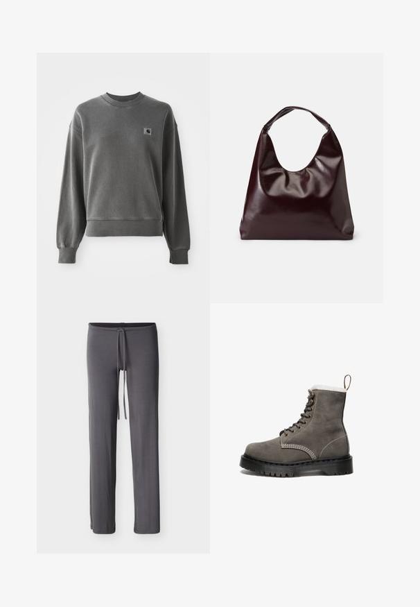 Grijze pullover sweatshirt van een gladde katoenmix, met een ronde hals, geribbelde manchetten en een klein logopatch op de linkerkant van de borst.; Donkere grijze rechte broek met elastische tailleband en trekkoord, getoond op een effen witte achtergrond.; Grijze leren laars met witte nepbontvoering, ronde neus, metalen oogjes en zwarte rubberen zool met een gestructureerd profiel. Trekhaak aan de hiel.; Bordeaux, glanzende vegan leren totebag met een zachte, sculpturale vorm en een brede, gebogen handgreep voor makkelijk dragen.