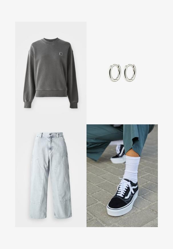 Grå pullover sweatshirt lavet af glat bomuldsblanding, med rund hals, ribbede manchetter og et lille logopatch på venstre bryst.; Lys blå denim bred benbukser med store sidelommer, høj talje og løst fit. Slidte tekstur med en falmet finish.; Sorte ruskinds sneakers med hvide accenter og snørebånd, der har en tyk hvid sål og kontrasterende syninger, parret med en hvid sok.; Sølv hoops øreringe med en glat, shiny finish. Rundet form med en sikker lukning. Minimalistisk design med en subtil twist-detalje.