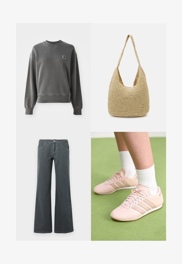 Grå pullover sweatshirt lavet af glat bomuldsblanding, med rund hals, ribbede manchetter og et lille logopatch på venstre bryst.; Grå jeans med vidde, lavet af denim med en glat tekstur. Funktioner inkluderer en knaplukning, bælteløkker og forlommer.; Lyselyserøde træningssko med diagonal syning, hvide såler og tre sidelægstriber. Båret med ribbede hvide sokker på en grøn overflade.; Vævet stråtaske i lys beige, med en buet skulderrem og et rummeligt, åbent design med en tekstureret overflade.
