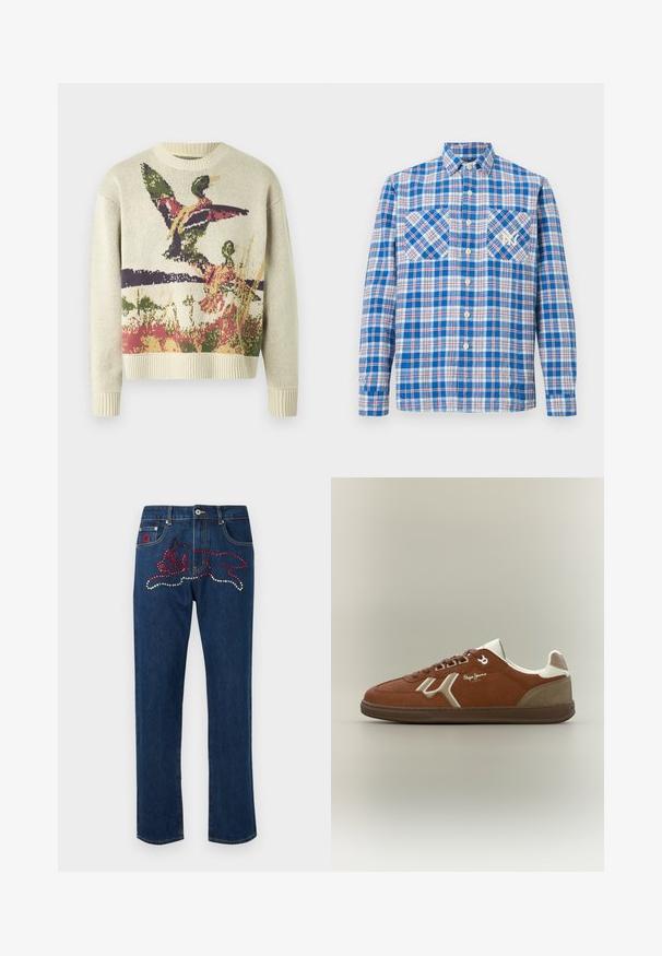 Pull en maille crème avec un motif multicolore de canards en vol sur un fond naturel. Col et poignets côtelés.; Chemise à manches longues à carreaux bleu et blanc, boutonnée, avec deux poches poitrine, un col et un logo brodé sur la poche gauche.; Jean en denim bleu avec un design orné de strass rouges et argentés représentant un chien sur la poche arrière. Coupe droite.; Baskets en daim marron avec accents blancs et dos beige. Elles présentent un bout arrondi, des lacets plats et un logo sur le côté. Semelle en caoutchouc.