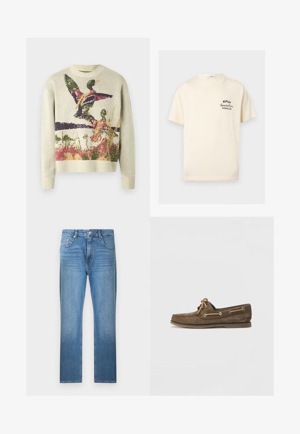 Pull en maille crème avec un motif multicolore de canards en vol sur un fond naturel. Col et poignets côtelés.; T-shirt crème à manches courtes avec texte noir « REPLAY Squadra Corse ADRENALINA » sur la poitrine gauche et col rond.; Jean bleu à jambes droites avec un effet délavé, fermeture avant par bouton et zip, et design à cinq poches sur fond blanc uni.; Chaussure de bateau en cuir marron avec texture en daim, design à lacets, œillets en métal et semelle en caoutchouc, présentant un profil bas et une silhouette classique.