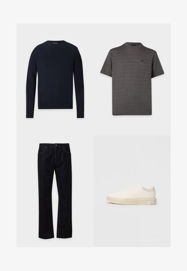 Pull bleu marine à col rond, manches longues, avec poignets et ourlet côtelés sur fond gris clair.; T-shirt en maille texturée gris foncé à manches courtes, col rond et petit logo noir sur la poitrine gauche sur fond blanc.; Jean en denim noir à jambes droites, fermeture avant par bouton et zip, deux poches avant et passants pour ceinture sur fond uni.; Sneaker blanc avec une tige en toile lisse, des lacets plats, un col rembourré et un accent gris texturé à l'arrière. Semelle en caoutchouc épaisse.