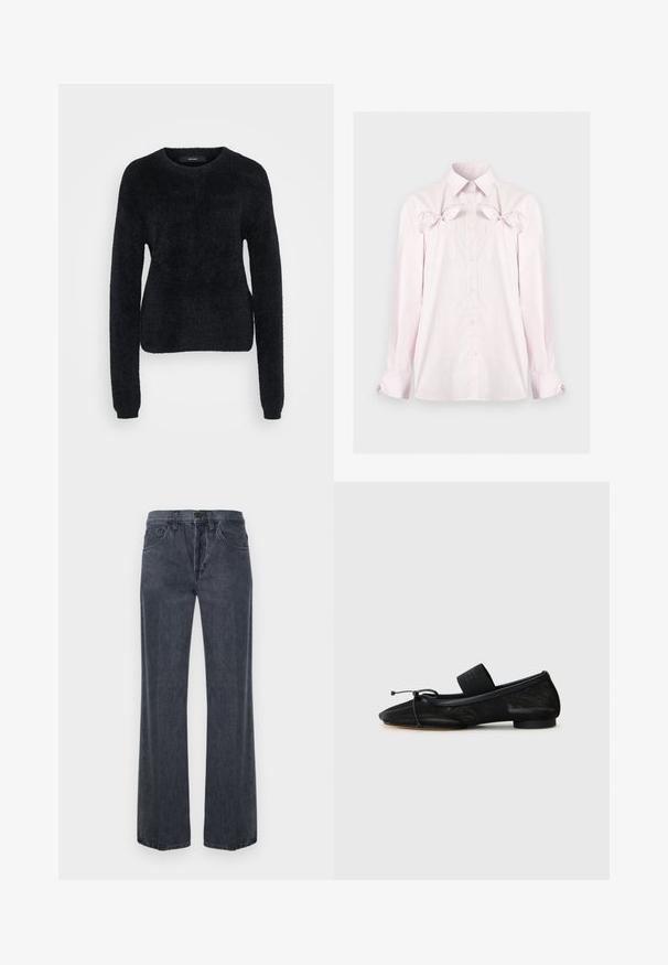 Suéter negro hecho de un tejido esponjoso, con mangas largas, un escote redondo y un dobladillo ligeramente corto con una superficie texturizada.; Camisa rosa claro de manga larga con botones, cuello puntiagudo, bolsillos en el pecho y lazos decorativos encima de los bolsillos sobre un fondo liso.; Vaqueros de mezclilla gris oscuro de corte recto con cierre delantero de botón y cremallera, trabillas para cinturón y bolsillos frontales.; Zapato plano negro con punta afilada, hecho de tela texturizada, con un lazo como adorno y un pequeño tacón redondo. Banda elástica en el tobillo.