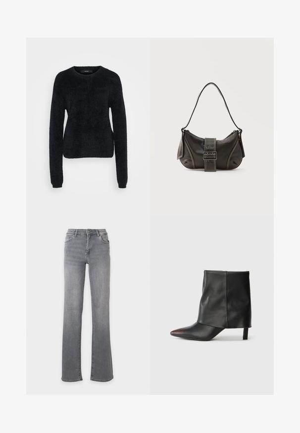 Sort sweater lavet af blødt stof, med lange ærmer, en rund halsudskæring og en let croppet kant med en tekstureret overflade.; Grå denimjeans med lige ben, forlommer, bæltestropper og knaplukning.; Sort ankelstøvle lavet af glat læder med spids tå og tilspidset hæl. Overdelen har et let rynket design.; Sort læder skuldertaske med spænde på remmen, afrundede kanter og kontrasterende hvide syninger på en ensfarvet baggrund.