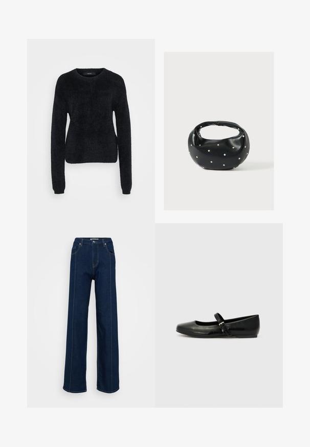 Sort sweater lavet af blødt stof, med lange ærmer, en rund halsudskæring og en let croppet kant med en tekstureret overflade.; Mørkeblå højtaljede brede jeans med forlommer, bæltestropper og kontrastsyning på en ensfarvet lys baggrund.; Sorte læder balletflade med rund tå, flad sål og en tynd justerbar rem over svangen med en metalspænde.; Sort læderhåndtaske med en rundet form, dekoreret med sølvnitter, og et kort håndtag. Glat tekstur og lynlåslukning.