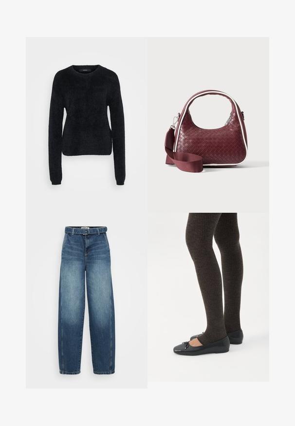 Pull noir en tissu duveteux, avec des manches longues, un col rond et un ourlet légèrement court avec une surface texturée.; Jean large taille haute en denim bleu avec une taille ceinturée, présentant un délavage, une coupe droite et des détails de couture minimaux.; Jambes portant des leggings côtelés foncés associés à des ballerines noires avec de petits détails en nœud sur fond blanc.; Sac à main en cuir tressé marron foncé avec poignée courbée, garniture blanche, fermeture éclair argentée et bandoulière large en tissu amovible sur fond uni.