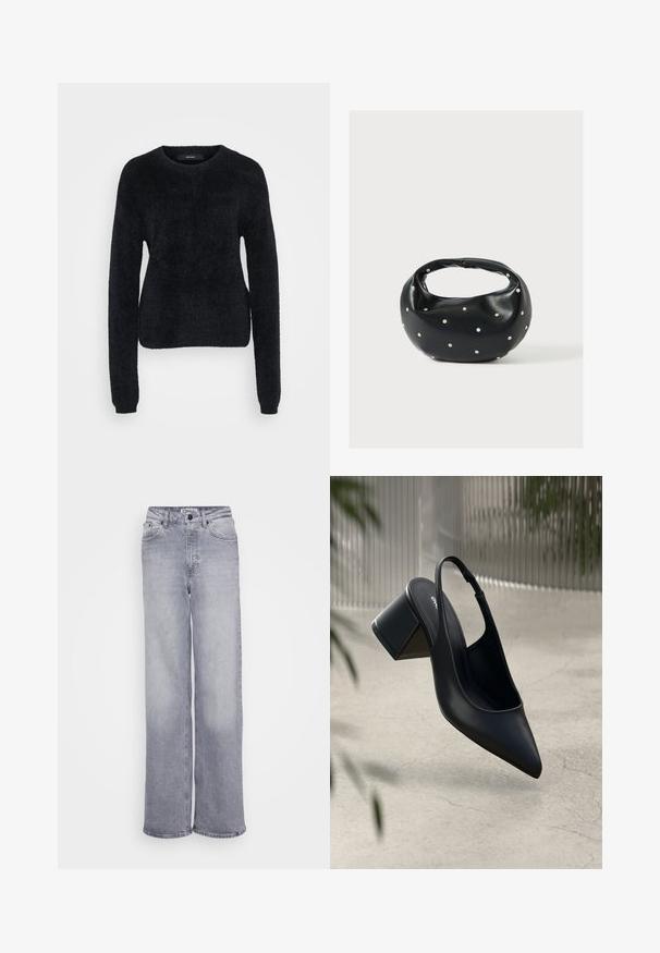 Suéter negro hecho de un tejido esponjoso, con mangas largas, un escote redondo y un dobladillo ligeramente corto con una superficie texturizada.; ONLY Tall ONLJUICY WIDE LEG - Pernera ancha - medium grey denim; Zapato de tacón slingback de cuero negro con punta afilada y tacón cuadrado. Textura suave, diseño minimalista y correa ajustable en el tobillo.; Bolso de mano de cuero negro con forma redondeada, decorado con detalles de tachuelas plateadas y un asa corta. Textura lisa y cierre con cremallera.