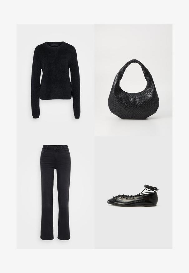 Sort sweater lavet af blødt stof, med lange ærmer, en rund halsudskæring og en let croppet kant med en tekstureret overflade.; Sorte denimbukser med lige ben, der har en frontknaplukning, fem lommer og subtile stikninger.; Sorte balletflade sko i laklæder med rundet tå, snørelukning og flad sål. Glat tekstur med få detaljer.; Sort flettet håndtaske med et buet håndtag, der har en struktureret overflade og en afslappet form. Glat finish med en organisk silhuet.