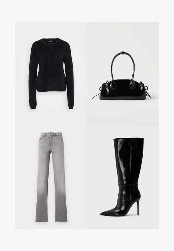 Sort sweater lavet af blødt stof, med lange ærmer, en rund halsudskæring og en let croppet kant med en tekstureret overflade.; Lysegrå jeans med lige ben, fem lommer, knaplukning og synlige syninger, vist mod en hvid baggrund.; Sorte læderknælange støvler med spids tå og høj stilettohæl. Glat tekstur og slank design, med minimalt detaljer.; Lille sort blank håndtaske med to lange håndtag og snøre-detaljer i siden på en ensfarvet lys baggrund.