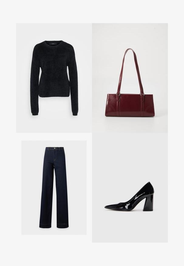 Sort sweater lavet af blødt stof, med lange ærmer, en rund halsudskæring og en let croppet kant med en tekstureret overflade.; Mørkeblå jeans med højtaljede og vide ben, med knap- og lynlåslukning, forlommer og synlige syningsdetaljer.; Sorte lakerede højhælede sko med spids tå og en kraftig hæl, der har en glat, skinnende overflade og et elegant design.; Bordeaux håndtaske lavet af glansfuldt materiale, rektangulær form, med to skulderremme og subtile buede detaljer på forsiden.