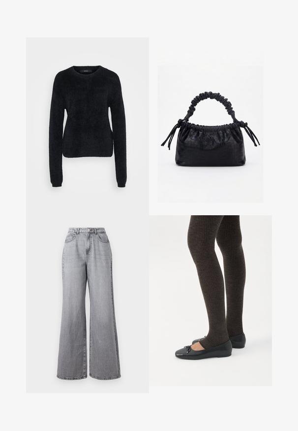 Suéter negro hecho de un tejido esponjoso, con mangas largas, un escote redondo y un dobladillo ligeramente corto con una superficie texturizada.; Pantalones vaqueros de pierna ancha en gris claro, confeccionados en denim, con una cintura alta, cinco bolsillos y una textura ligeramente descolorida. Cierre con botón metálico y cremallera.; Piernas con leggings oscuros acanalados combinados con bailarinas negras que presentan pequeños detalles de lazo sobre un fondo blanco.; Bolso negro con textura de cocodrilo, borde superior fruncido, asa recogida y cordones con borlas en cada lado sobre un fondo blanco.