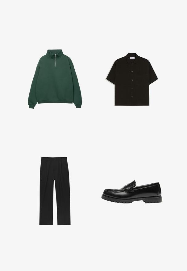 Donkergroen, ritssluiting sweatshirt met hoge kraag. Gemaakt van zacht materiaal, met verlaagde schouders en ribgebreide manchetten en zoom.; Zwart shirt met korte mouwen gemaakt van zachte stof, met knoopsluiting aan de voorkant, kraag en een borstzakje. Simpel, strak ontwerp.; Zwarte broeken met een recht model, gemaakt van een gladde stof. Voorzien van een voorplooien en een enkele knoopsluiting bij de taille.; Zwarte leren loafer met een dikke rubberen zool en klassieke penny-strap details, gezien vanaf de buitenkant.