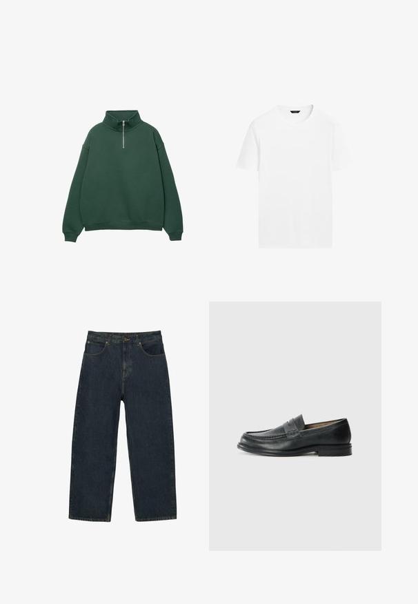 Mørkegrøn, lynlås sweatshirt med høj krave. Lavet af blødt materiale, med dropped shoulders og ribbede manchetter og kant.; Hvid bomulds t-shirt med rund hals, korte ærmer og lige skæring. Har en glat, let tekstur og ingen synlige mønstre.; Mørkeblå højttaljede denimjeans med lige ben, forlommer, knaplukning og synlige sømme.; Sorte læder loafers med et klassisk design, der har en syet detalje ved tåen og en lav, tekstureret gummisål.