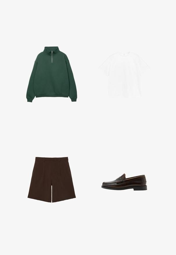 Donkergroen, ritssluiting sweatshirt met hoge kraag. Gemaakt van zacht materiaal, met verlaagde schouders en ribgebreide manchetten en zoom.; Korte mouwen crewneck t-shirt van stevig wit katoen. Standaard pasvorm met een eenvoudig ontwerp zonder zichtbare patronen of accenten.; Donkerbruine knielange op maat gemaakte shorts met riemlussen en voorplooien, plat weergegeven op een witte achtergrond.; Donkerbruine leren penny loafer met gestikte moc-toe, lage hak en gladde afwerking, zijaanzicht op witte achtergrond.