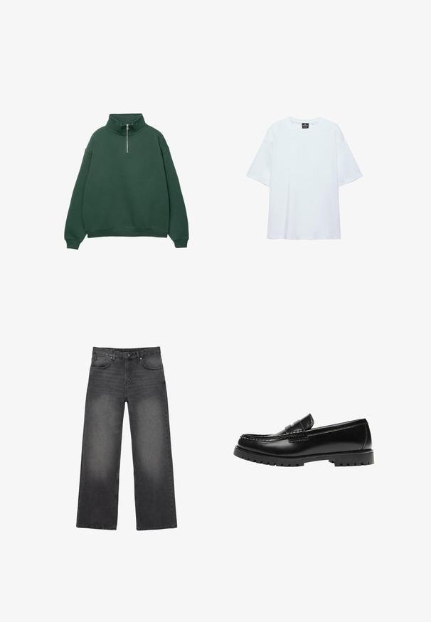 Mørkegrøn, lynlås sweatshirt med høj krave. Lavet af blødt materiale, med dropped shoulders og ribbede manchetter og kant.; Hvid, oversized T-shirt med korte ærmer og rund halsudskæring, med en sort etiket inde i kraven på en hvid baggrund.; Sorte, falmede jeans med vide ben, fem lommer, knaplukning og bæltestropper, vist på en hvid baggrund.; Sort læderloafer med en kraftig gummisål og klassiske penny-strap detaljer, vist fra ydersiden.