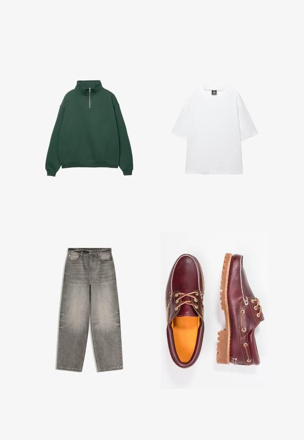 Mørkegrøn, lynlås sweatshirt med høj krave. Lavet af blødt materiale, med dropped shoulders og ribbede manchetter og kant.; Hvid oversized t-shirt med korte ærmer, rund halsudskæring og blødt bomuldsstof. Har et sort mærke ved halsen. Ingen mønstre eller accenter.; Grå denimjeans med vide ben, frontknap, lynlåslukning, bæltestropper og fem-lomme design lagt fladt på en hvid baggrund.; Bordeaux lædersko med brune gummisåler, rund tå, hvid syning og gyldne snøringer. Indersiden har et gult for.