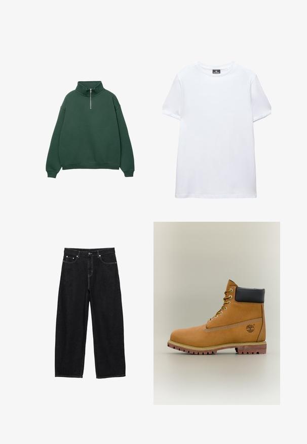 Donkergroen, ritssluiting sweatshirt met hoge kraag. Gemaakt van zacht materiaal, met verlaagde schouders en ribgebreide manchetten en zoom.; Effen wit T-shirt met korte mouwen en een ronde hals met een zwart Pull&Bear-label aan de binnenkant van de kraag, afgebeeld op een witte achtergrond.; Zwarte wijde denim jeans met voorzakken, riemlussen en een knoopsluiting.; Bruine leren enkellaars met zwarte kraag, gele veters en een zandkleurige zool. Voorzien van een logo en witte stikseldetails. Robuuste loopzool met grip.