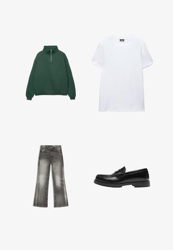 Sweat à capuche zippé vert foncé avec un col haut. Fabriqué en matériau doux, présentant des épaules tombantes et des poignets et un ourlet côtelés.; T-shirt blanc uni à manches courtes, col rond, avec une étiquette noire Pull&Bear à l'intérieur du col, présenté sur fond blanc.; Jean large noir délavé avec poches avant, passants de ceinture, fermeture à boutons et détails froissés sur fond blanc.; Mocassin en cuir noir avec une semelle en caoutchouc épaisse et un détail classique de bride à monnaie, vu de côté extérieur.