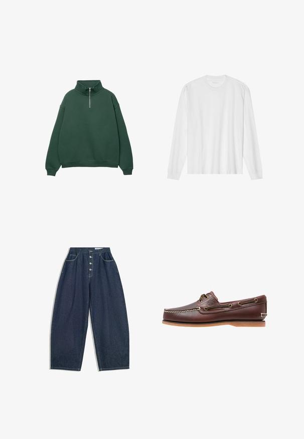Mørkegrøn, lynlås sweatshirt med høj krave. Lavet af blødt materiale, med dropped shoulders og ribbede manchetter og kant.; Hvid, langærmet t-shirt i bomuld med rund hals, med ribbede ærmeafslutninger og en lige kant, glat tekstur og minimalistisk design.; Mørkeblå denim bukser med brede ben og høj talje, fem knaplukninger og fem lommer. Har stikninger som accent på sømmene.; Brun læder bådsko med hvide sømme, snøre detaljer og lysbrun gummisål, vist fra siden på hvid baggrund.