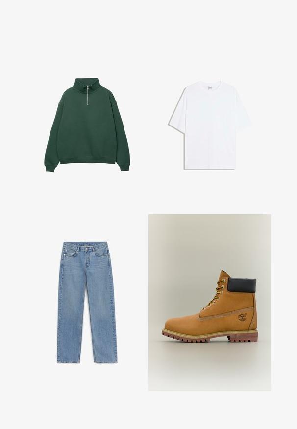 Sweat à capuche zippé vert foncé avec un col haut. Fabriqué en matériau doux, présentant des épaules tombantes et des poignets et un ourlet côtelés.; T-shirt oversize en coton blanc avec un col rond et des manches courtes ; texture lisse, sans motifs ni accents visibles.; Jeans en denim bleu clair avec une coupe droite, cinq poches et un délavage subtil. Comprend un bouton-pression et des détails de couture le long des coutures.; Bottine en cuir marron avec col noir, lacets jaunes et semelle beige. Présente un logo et des détails de couture blanche. Semelle extérieure à traction robuste.