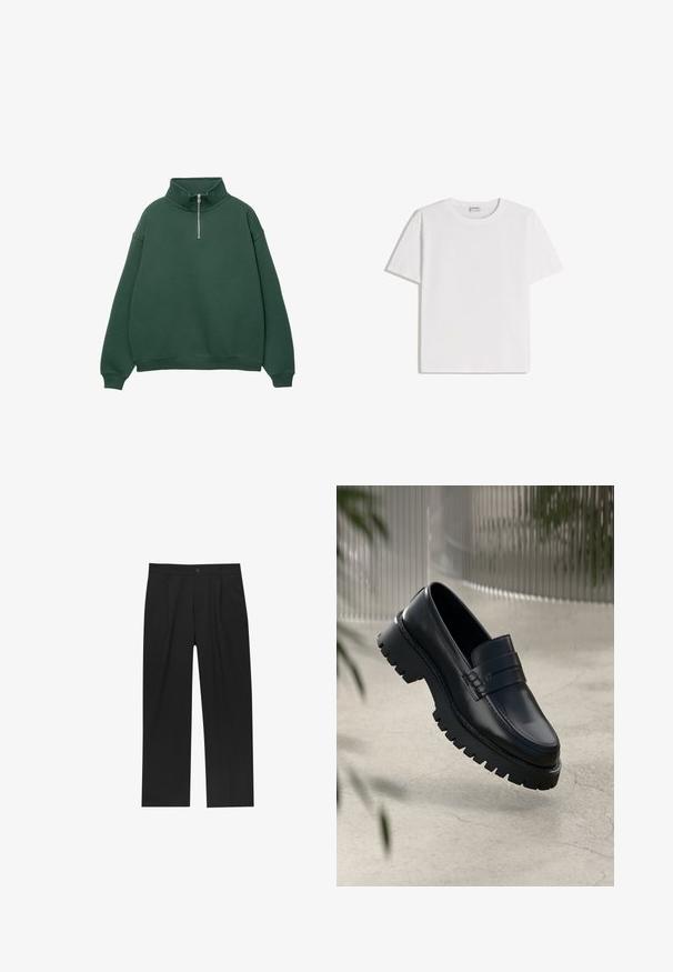 Donkergroen, ritssluiting sweatshirt met hoge kraag. Gemaakt van zacht materiaal, met verlaagde schouders en ribgebreide manchetten en zoom.; Wit katoenen T-shirt met een ronde hals en korte mouwen. Heeft een klassieke, rechte pasvorm zonder zichtbare patronen of accenten.; Zwarte broeken met een recht model, gemaakt van een gladde stof. Voorzien van een voorplooien en een enkele knoopsluiting bij de taille.; Zwarte leren instappers met een chunky loopzool, voorzien van een decoratieve band en stikseldetails. Gladde textuur met een gepolijste afwerking.