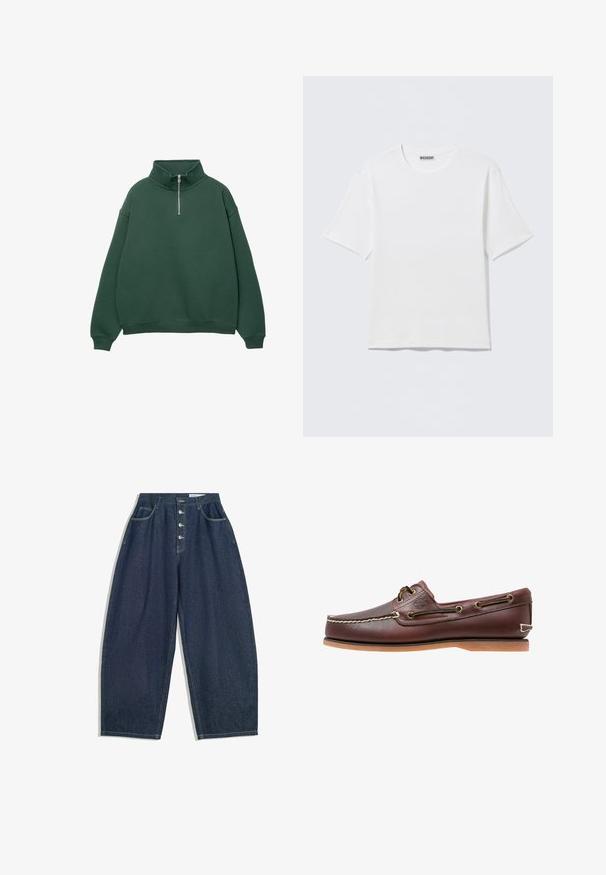 Donkergroen, ritssluiting sweatshirt met hoge kraag. Gemaakt van zacht materiaal, met verlaagde schouders en ribgebreide manchetten en zoom.; Effen witte T-shirt met korte mouwen en ronde hals, met een klein "WEEKDAY" label aan de binnenkant van de achterkraag, weergegeven op een vlakke ondergrond.; Donkerblauwe denim brede broek met een hoge taille, vijfknopen sluiting en vijf zakken. Heeft stiksels op de naden.; Bruine leren bootschoen met witte stiksels, veterdetails en beige rubberen zool, zijaanzicht op een witte achtergrond.