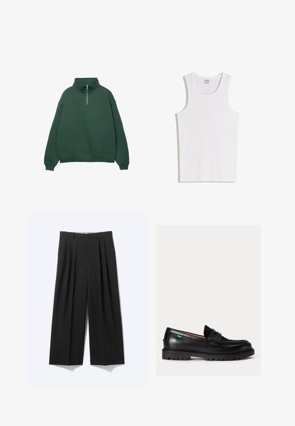 Donkergroen, ritssluiting sweatshirt met hoge kraag. Gemaakt van zacht materiaal, met verlaagde schouders en ribgebreide manchetten en zoom.; Witte katoenen tanktop met een ronde halslijn en brede schouderbanden. Gladde textuur, geen patronen of accenten, eenvoudig ontwerp.; Zwarte wijde broek met voorplooien, riemlussen en knoopsluiting, weergegeven op een effen lichte achtergrond.; Zwarte leren loafer met dikke zool, afgeronde neus en een groene Polo logolabel aan de zijkant.