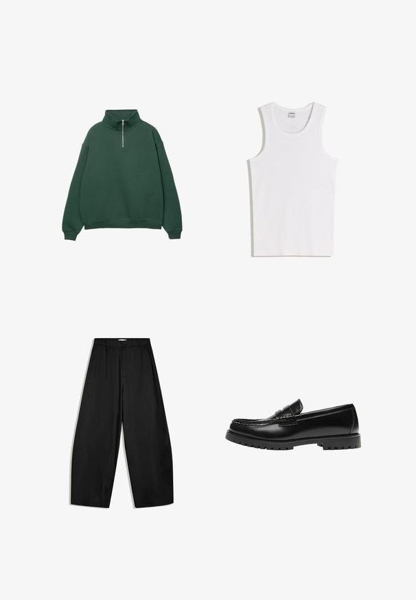 Donkergroen, ritssluiting sweatshirt met hoge kraag. Gemaakt van zacht materiaal, met verlaagde schouders en ribgebreide manchetten en zoom.; Witte katoenen tanktop met een ronde halslijn en brede schouderbanden. Gladde textuur, geen patronen of accenten, eenvoudig ontwerp.; Zwarte broek met wijde pijpen, hoge taille, knoopsluiting en plooien aan de voorkant, getoond op een witte achtergrond.; Zwarte leren loafer met een dikke rubberen zool en klassieke penny-strap details, gezien vanaf de buitenkant.