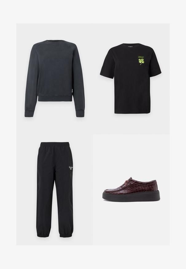 Mørkegrå sweatshirt med rund halsudskæring, raglanærmer samt ribstrikkede manchetter og kant. Glat tekstur uden synlige mønstre eller accenter.; Sort bomulds t-shirt med korte ærmer og lige pasform. Har et grønt broderet firkløver og tekst på venstre bryst.; Sorte bukser med elastik i taljen og elastiske manchetter samt et lille hvidt Carhartt-logo på øverste venstre lår.; Mørk bordeauxfarvet lædersko med krokodilletekstur, snørelukning foran og tyk sort plateau sål, vist fra siden på en hvid baggrund.