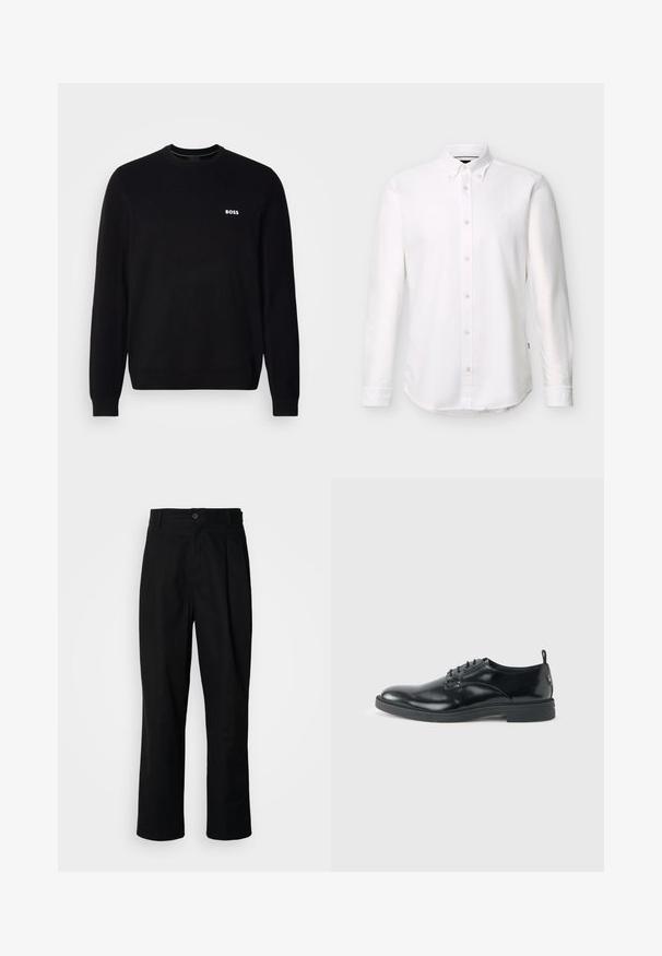 Pull en laine noir à manches longues avec un petit logo blanc "BOSS" sur la poitrine gauche, des poignets et un ourlet côtelés, présenté sur un fond blanc.; Chemise blanche à manches longues avec col boutonné et petit logo brodé sur la poitrine gauche.; Pantalons noirs à jambes droites avec une taille à bouton, passants de ceinture et pli avant, présentés sur un fond blanc uni.; Chaussure habillée en cuir noir brillant avec un petit talon, fermeture à lacets et bout rond, vue de côté sur un fond uni et clair.