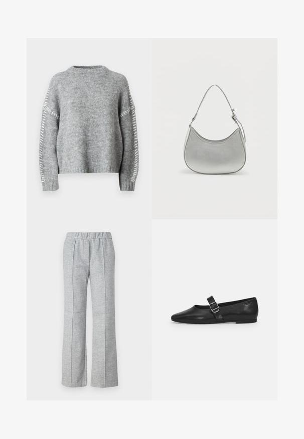 JDY JDYZOEY LIFE - Jersey de punto - light grey melange; Pantalones grises de pierna ancha hechos de una tela texturizada; cuentan con una cinturilla elástica y detalles de pliegues en el frente. Diseño limpio y minimalista.; Zapato plano de cuero negro con punta redondeada, una sola correa ajustable con hebilla y una textura suave y brillante. Diseño minimalista con un tacón bajo.; Bolso de mano de imitación cuero plateado con forma curva, correa corta ajustable y textura suave, que presenta un detalle de costura minimalista.