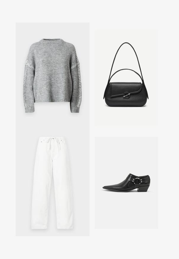 JDY Knitted JDYZOEY Knitted - Jersey de punto - light grey melange; Pantalones vaqueros blancos de pierna ancha, con cintura ajustable y dos bolsillos frontales, que presentan una textura suave y un diseño limpio.; Botas de cuero negras hasta el tobillo con puntera puntiaguda, que presentan una correa de cuero en la parte delantera y un detalle de hebilla plateada, además de un tacón bajo y cuadrado.; Bolso de cuero negro con bordes redondeados, solapa asimétrica, cierre circular de metal y correas de hombro cortas y largas.