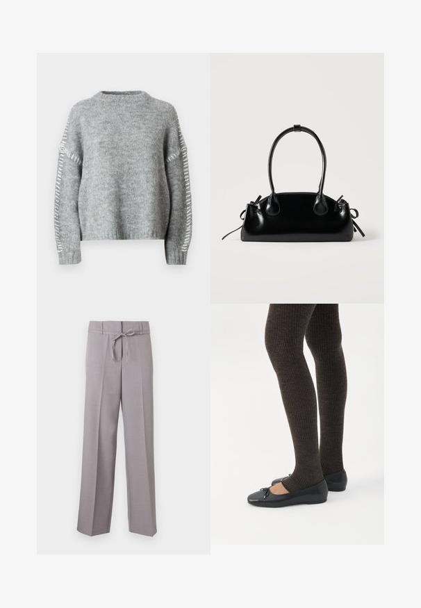 JDY JDYZOEY LIFE - Striktrøje - light grey melange; Lys grå, vide bukser med en blød tekstur, der har en snoretræk i livet og pressede folder for en struktureret pasform.; Ben iført mørke ribbede leggings kombineret med sorte balletsko med små sløjfedetaljer på hvid baggrund.; Lille sort blank håndtaske med to lange håndtag og snøre-detaljer i siden på en ensfarvet lys baggrund.
