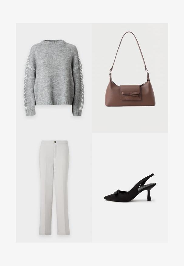 JDY JDYZOEY LIFE - Jersey de punto - light grey melange; Pantalones rectos de color gris claro, confeccionados en una tela suave, que presentan un cierre frontal con botón, bolsillos laterales y un corte entallado.; Zapato de tacón alto de punta afilada con tira trasera negra, con un pequeño lazo en la parte delantera y tacón estrecho, mostrado sobre un fondo blanco.; Bolso bandolera de cuero marrón con un bolsillo frontal de solapa que presenta un detalle de moño cosido y una correa ajustable.