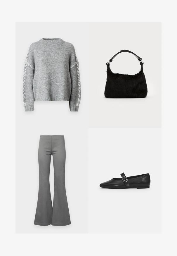 JDY Knitted JDYZOEY Knitted - Jersey de punto - light grey melange; Pantalones de campana grises con una textura de tela suave y un diseño ajustado, que se ensanchan desde la rodilla hasta el dobladillo.; Zapato plano de cuero negro con punta redondeada, una sola correa ajustable con hebilla y una textura suave y brillante. Diseño minimalista con un tacón bajo.; Bolso de mano de piel sintética negra con una textura suave, forma redondeada y una resistente correa de cuero negro para el hombro. Acentos de herrajes plateados visibles.