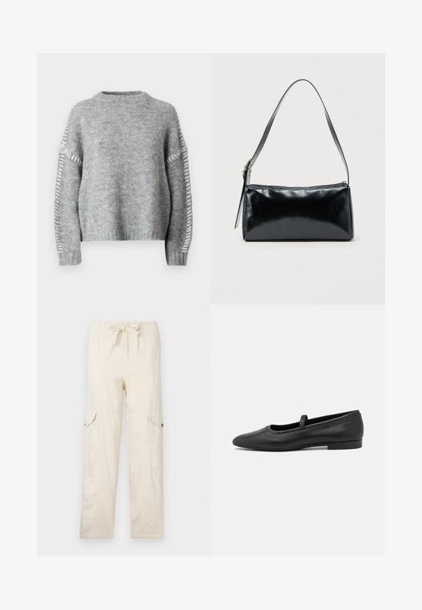 JDY JDYZOEY LIFE - Striktrøje - light grey melange; Beige cargo bukser med snøre i taljen, udstyret med to sidelommer og syede detaljer. Fremstillet af letvægts bomuldsstof.; Sorte ballet flade lavet af glatmælket læder, med en rund tå, et lille bånd henover toppen, og et minimalistisk design.; Sort rektangulær skuldertaske med en enkelt justerbar rem og lynlås i toppen på en ensfarvet baggrund.