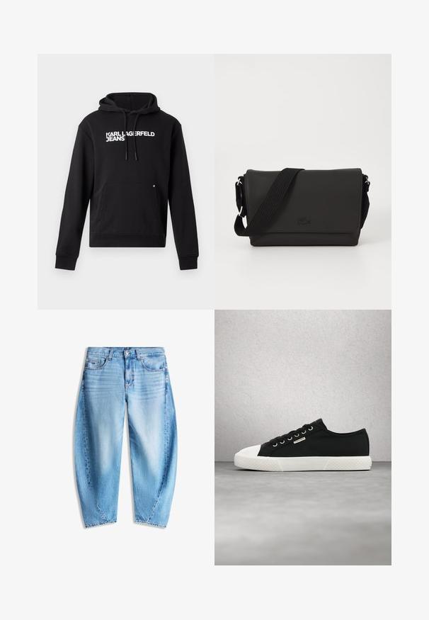 Čierna mikina s kapucňou vyrobená z mäkkého materiálu, s klokankou a kapucňou s šnúrkou. Na hrudi je biele potlačené "KARL LAGERFELD JEANS".; Svetlomodré riflové nohavice s voľným strihom, piatimi vreckami, zapínaním na gombíky a jemným vyblednutím na predných stehnách.; Čiernobiela nízka teniska Calvin Klein so šnúrkami, ktorá visí nad hladkou sivou podlahou pri stene z presklených blokov.; Lacoste MESSENGER BAG MEN CLASSIC - Taška cez plece - noir