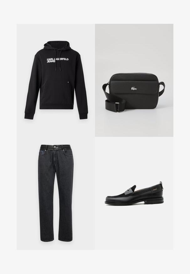 Čierna mikina s kapucňou vyrobená z mäkkého materiálu, s klokankou a kapucňou s šnúrkou. Na hrudi je biele potlačené "KARL LAGERFELD JEANS".; Čierne džínsy s rovnou siluetou, so smooth koženým pásom, prednými vreckami a jemnými detailmi v prešívaní.; Čierny kožený mokasín so sivým remienkom, nízkym podpätkom a textúrovanou podrážkou, so značkou "HUGO" v zlatej farbe na boku.; Čierna kožená crossbody taška s textúrovaným povrchom, prednou klapkou a strieborným logom. Obsahuje nastaviteľný popruh a obdélnikový tvar.