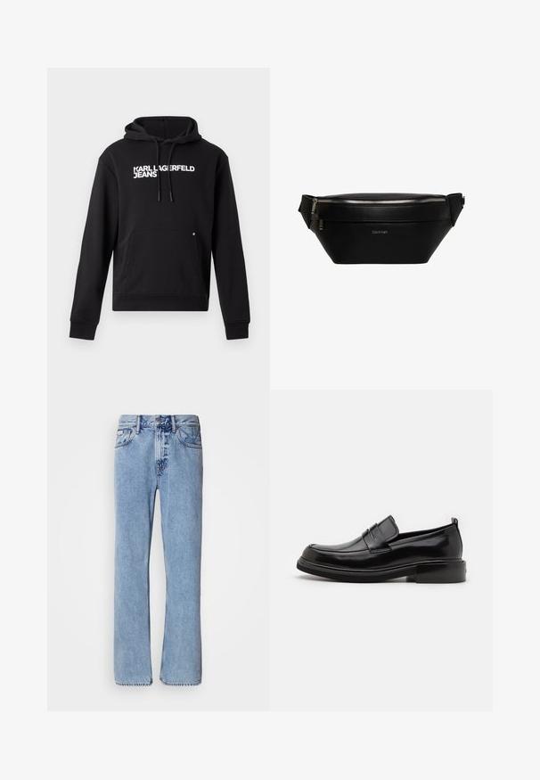 Sudadera negra de tejido suave, con un bolsillo canguro y capucha con cordón. "KARL LAGERFELD JEANS" impreso en blanco en el pecho.; Jeans de mezclilla azul claro con un diseño de pierna recta, cinco bolsillos y cierre de botón. Detalles de costura cerca de los bolsillos y la cintura.; Calvin Klein MOCCASIN - Mocasines elegantes - black; Riñonera de cuero negro Calvin Klein con cremallera plateada y correa ajustable, logo minimalista en el centro del frente.