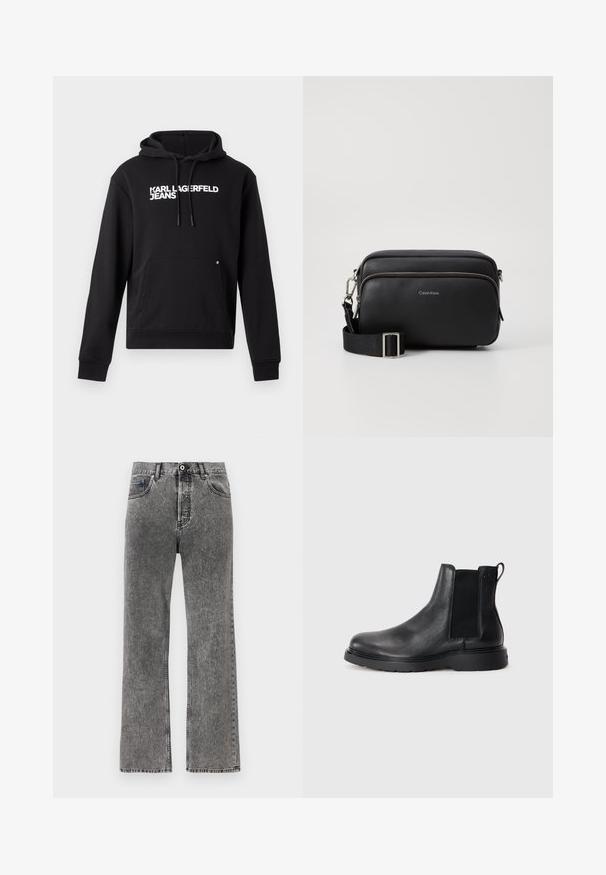 Čierna mikina s kapucňou vyrobená z mäkkého materiálu, s klokankou a kapucňou s šnúrkou. Na hrudi je biele potlačené "KARL LAGERFELD JEANS".; Rovné nohavice z čierneho umývaného denimu s predným gombíkom a zipsom, pútkami na opasok a dizajnom s piatimi vreckami.; Čierne kožené chelsea čižmy s textúrovaným povrchom, elastickými bočnými panelmi a pevným gumovým podpätkom. Diskrétny branding na päte.; Čierna kožená crossbody taška s dvoma zipsovými oddeleniami, textúrovaný povrch, nastaviteľný popruh a strieborné kovové akcenty. Zobrazené logo Calvin Klein.